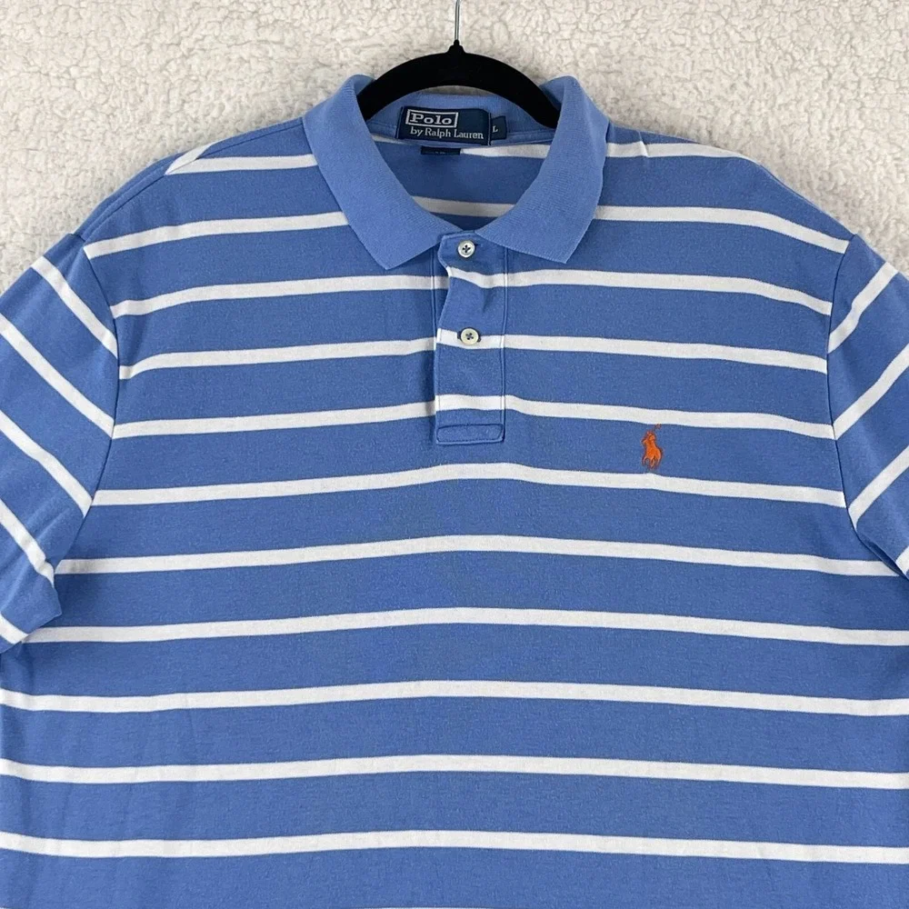 Polo Ralph Lauren Blue‎ White Stripe Polo Shirt Mens Short Sleeve Size Large